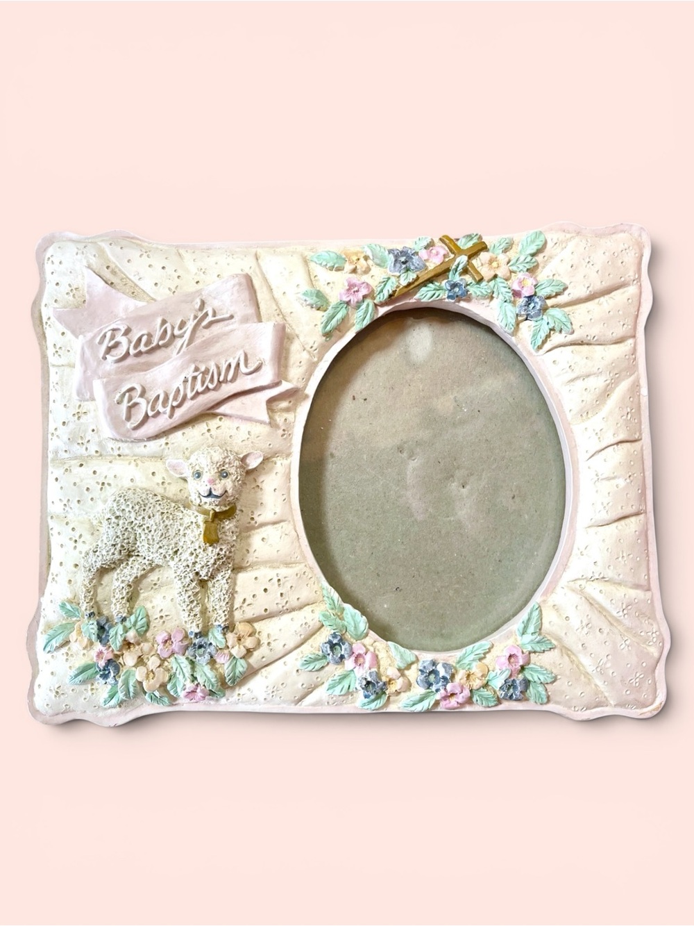 Vintage Heavy Resin Picture Frame “Baby’s Baptism” w/ Lamb & Flowers ‘80’s Style
